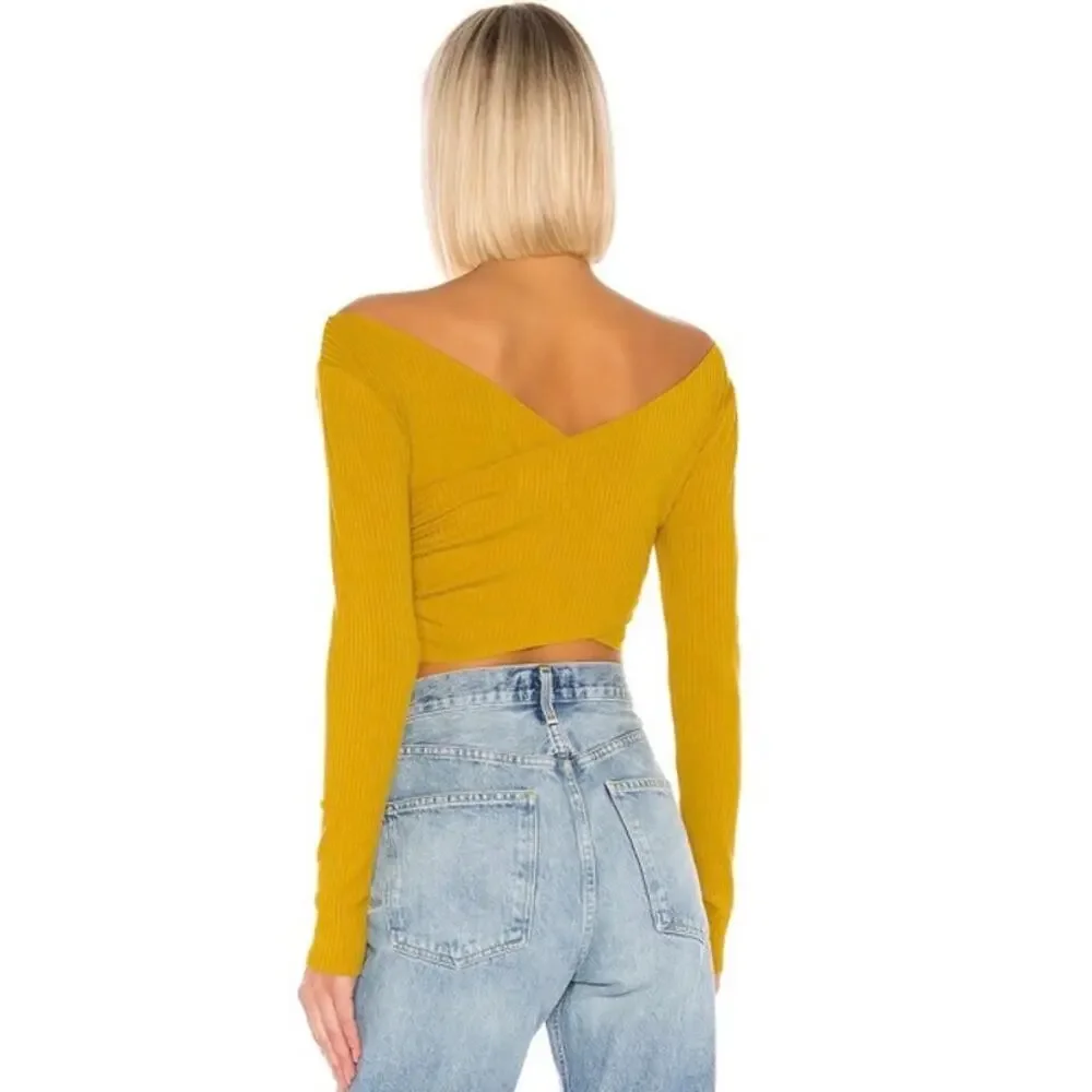 NEW Lovers + Friends Everly Top Ribbed Knit Crop Double V-Neck Mustard Yellow Lg